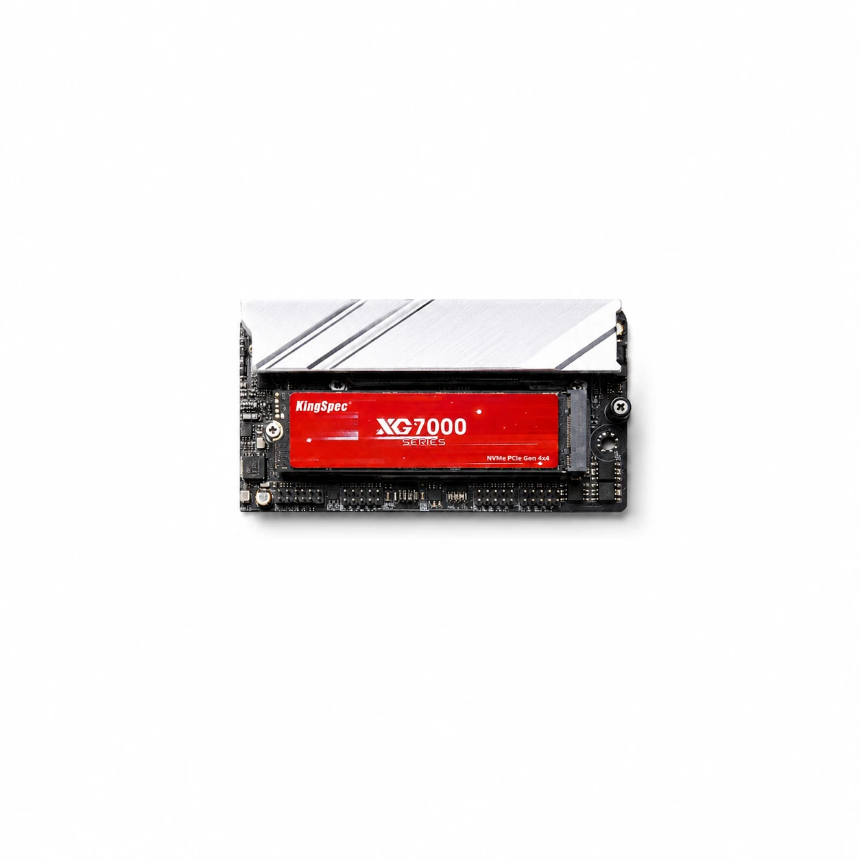 NVMe SSD installed in an M.2 slot beside a motherboard heatsink