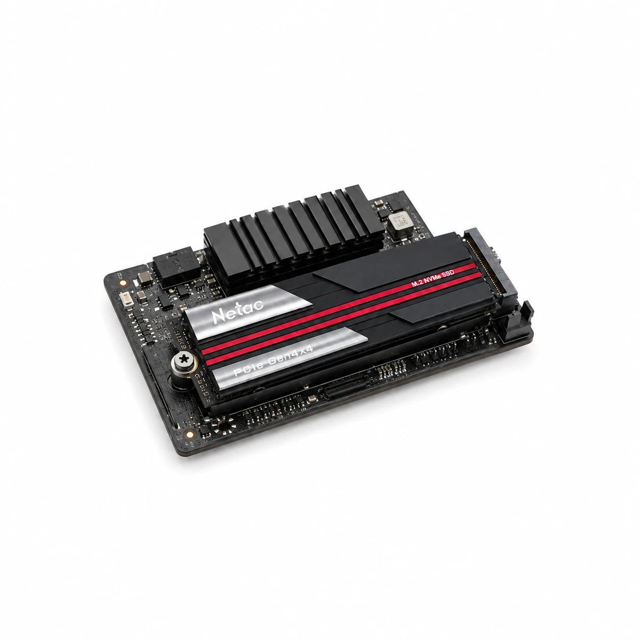 NVMe SSD installed in an M.2 slot beside a motherboard heatsink