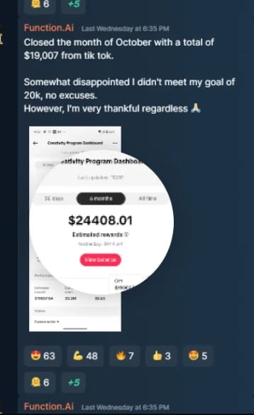 Discord message showing $24,408.01 revenue from TikTok